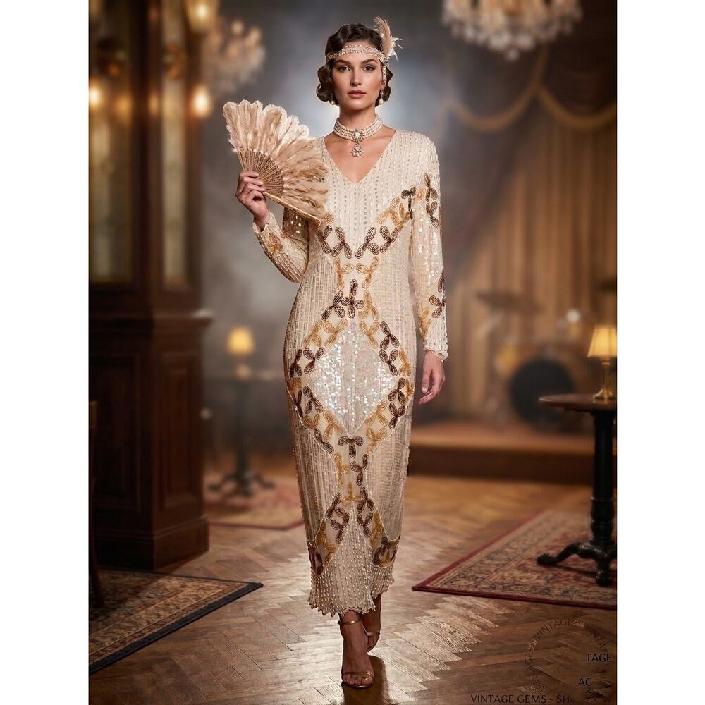 Vintage Handmade Heavily Embellished Maxi Dress Gatsby Flapper Sequin Gown
